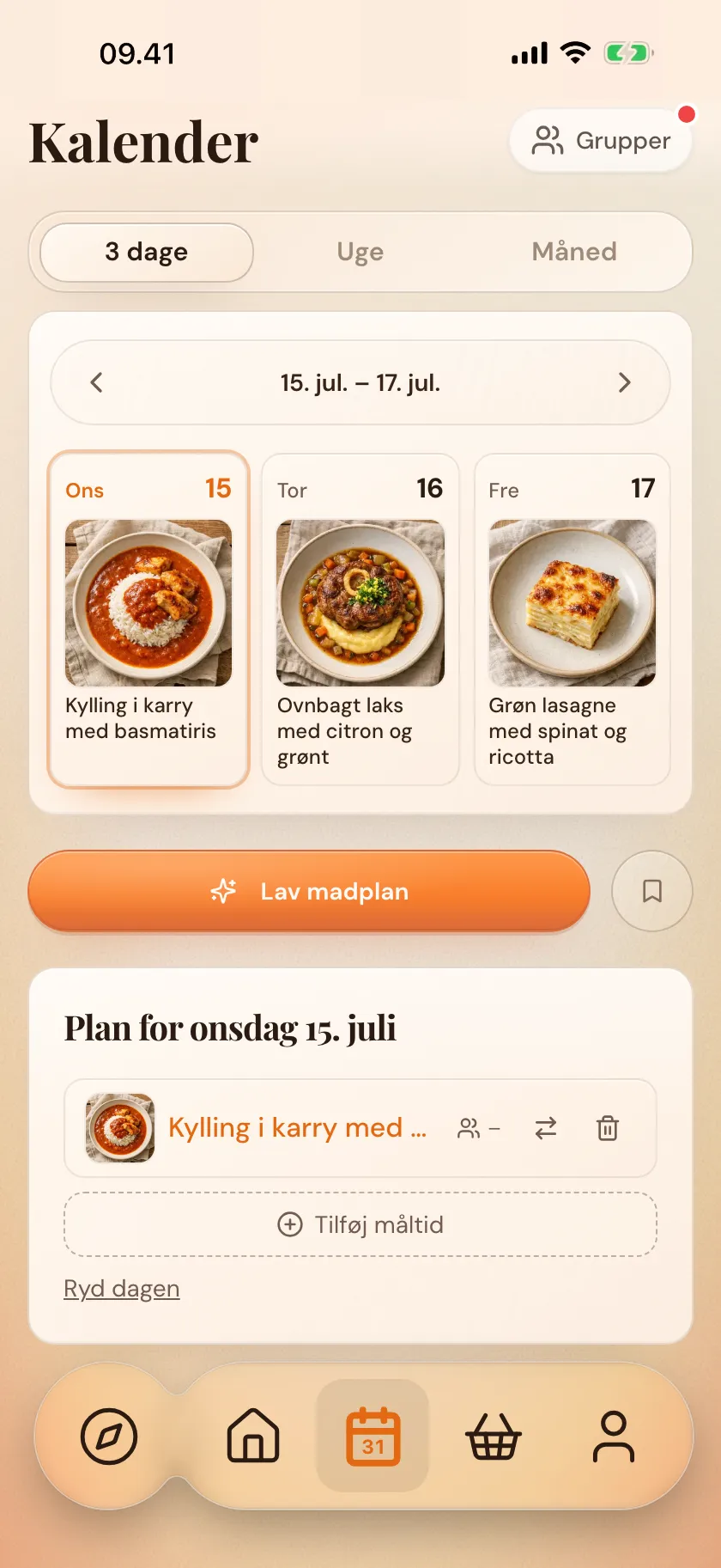 Tre dage i Zimmer-kalenderen med portioner pr. måltid